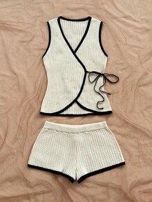 Soleia Set de 2 piezas: Suéter con contraste de color y cintura con lazo, incluye chaleco con cintura con lazo y shorts, adecuado para uso diario, playa, vacaciones - Blanco y Negro - Ver 6