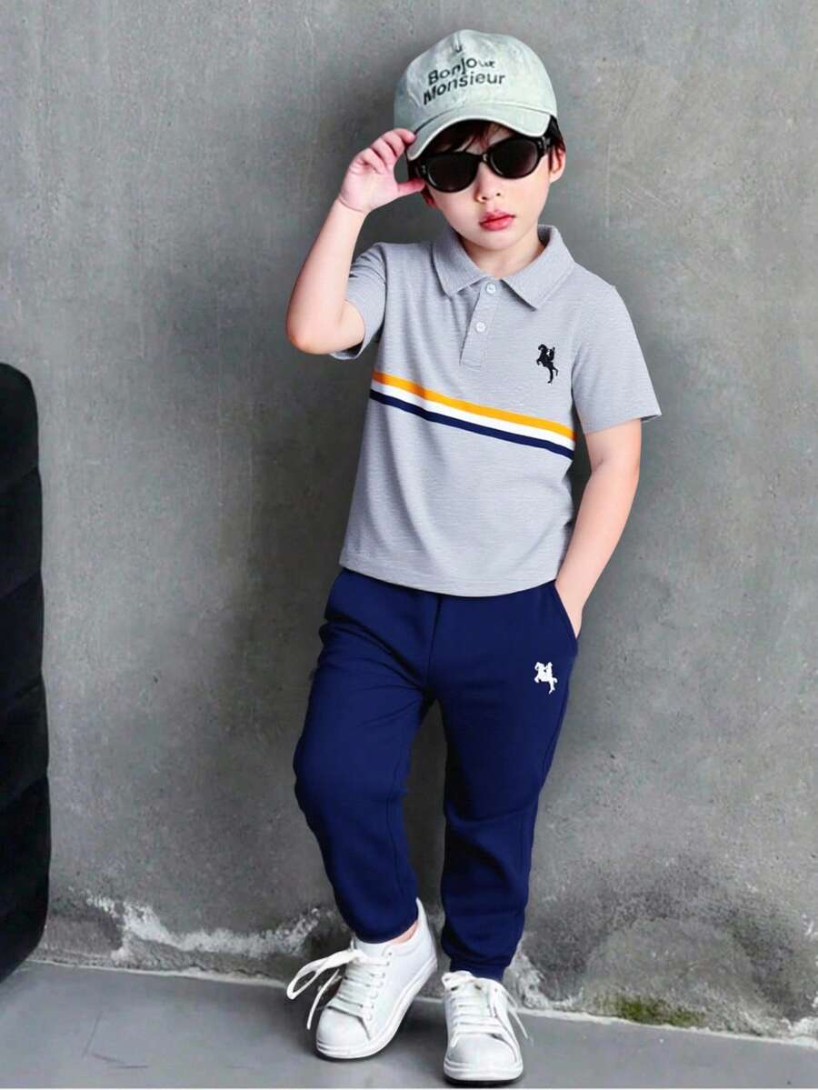 SHEIN 2pcs/Set Young Boy Knight Striped Print Polo Collar Short Sleeve T-Shirt And Pants, Casual Outfit - Multicolor - View 1