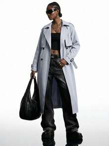 LYSMO Abrigo de trinchera con cuello de solapa, mangas raglán y cinturón para otoño/invierno