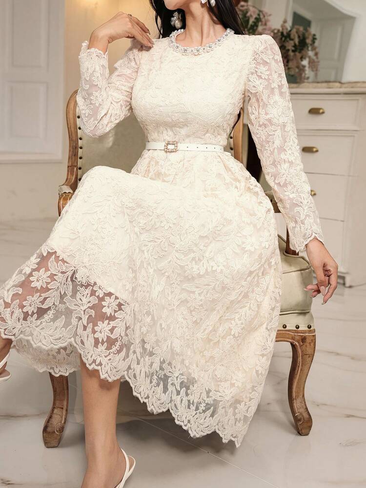 Elegant Hollow-Out Embroidered Round Neck Beaded Long Sleeve Waist Cinched Lace Dress For Women Sundress