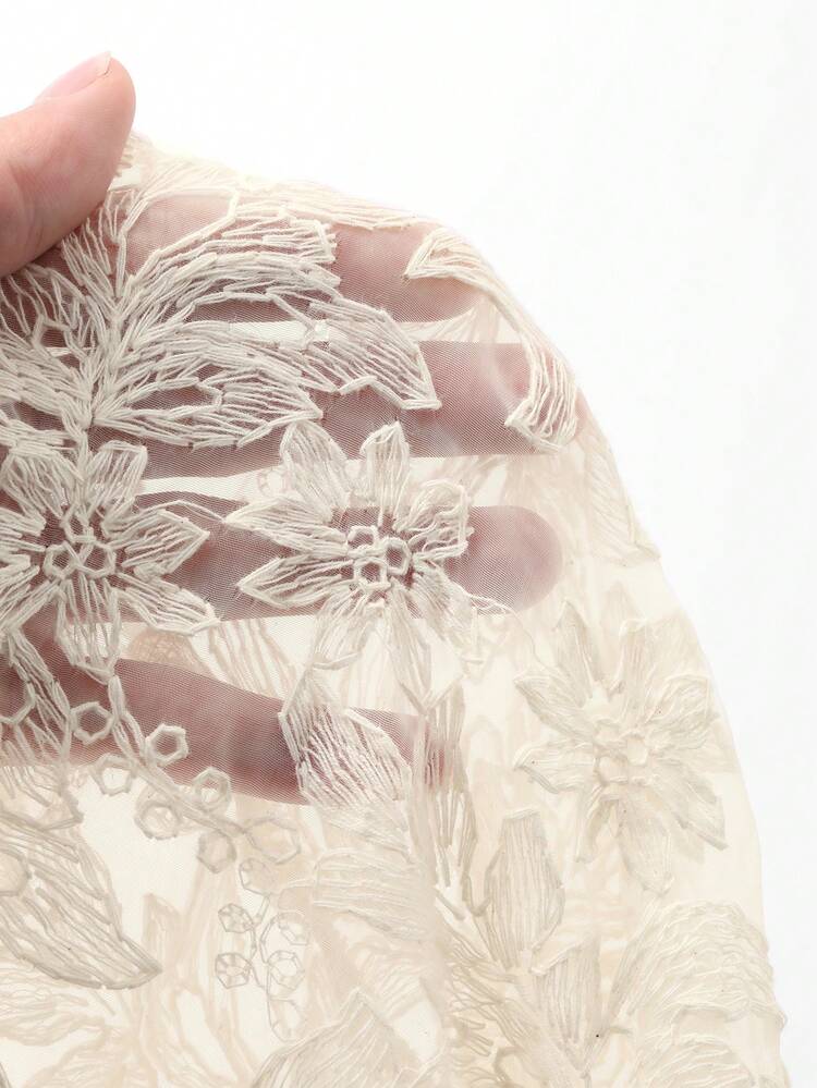 Elegant Hollow-Out Embroidered Round Neck Beaded Long Sleeve Waist Cinched Lace Dress For Women Sundress