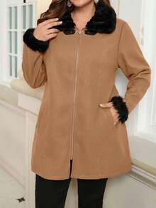 EMERY ROSE Plus Size Solid Color Faux Fur Patchwork Zipper Pocket Long Sleeve Wool Blend Coat, Winter Winter Coat Women Plus Size Winter Clothes Plus Size Jacket Coats For Women Plus - Khaki - View 6