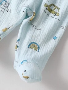 2pcs Newborn Baby Car Graphic Soft Comfortable Long Sleeve Cardigan Top And Full Length Pants Pajama Set Fall Winter - Baby Blue - View 7