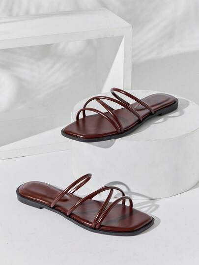 SHUZIA #SummerEssential Women's Square Toe Multi-Strap Premium Faux Leather Coffee Slide Sandals – Minimal, & Comfortable