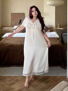 Dazy Plus Satin Contrast Lace Elegant V-Neck Sexy Bow Tie Short Sleeve Fitted Sleepwear Nightgown - Apricot - View 9