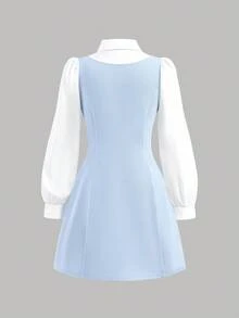 SHEIN Firerie Kids Nova Glow Tween Girls Elegant Block Turndown Collar Lantern Sleeve 2 In 1 Dress, Fall & Autumn,Back To School,Fall Dresses, Outfits, Long Sleeve Dresses Girl School Dress Girls Collared Dress - Baby Blue - View 6