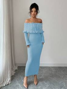 Rafferiza 女士纯色蝴蝶结长袖弹力修身露肩针织连衣裙，法式优雅珍珠装饰露肩大翻领针织连衣裙，秋冬针织长裙，返校季针织连衣裙，音乐节，圣诞节，仙女装，秋季婚礼宾客连衣裙 - 淺藍色 - 查看 7