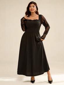 Auralis Plus-Size Women's Autumn/Winter Fashion Elegant Stretchy Comfortable Party Dress With Lace Trim, Fitted Waist, Long Sleeves, Elegant And Dignified Dress, Black Curve-Length Dress,Fall Outfits Party Dresses For Women Elegant Black Dress Lace Long Sleeve Dress Lace Black Dress Black Dress For Women - Black - View 7