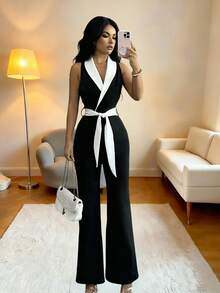 Elenzga Bộ jumpsuit nữ thanh lịch, thời trang công sở, phối màu tương phản, cổ shawl, không tay, thắt lưng, dáng xòe, thích hợp cho mùa Xuân/Hè/Thu. - Đen và trắng - Xem 6