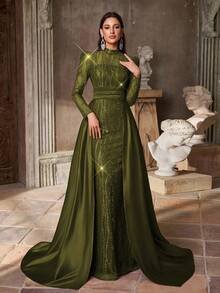 Aureia 优雅奢华酒红色亮片刺绣缎面拼接立领长袖薄纱长裙女士正式晚礼服 - 軍綠色 - 查看 3