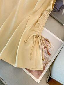 GlowEve CURVE Woven Satin Drawstring Fitted Crew Neck Shirt - Champagne - View 6