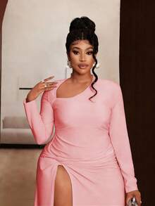 Maweii Vestido formal sexy de talla grande para mujer con cuello asimétrico en color rosa sólido, con abertura y detalle de torsión, para primavera/verano - Rosa - Ver 6