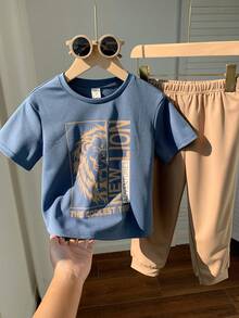 2pcs/Set Young Boys' Cute Lion Graphic Short Sleeve T-Shirt And Pants Set, Comfortable Casual Outfit For Indoor, Outdoor, Daily Wear, Sports, Play, Party, Photo Shoot, Holiday, Suitable For Spring/Summer - Khaki - View 7