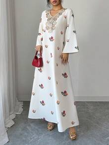 Yasmyna Women's Elegant Floral Print V-Neck Patchwork Lace Sequin Applique Flare Sleeve Loose Arabic Abaya Robe Dress Modest Caftan Dress - White - View 6