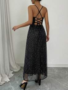 Vestido largo elegante mujer tirantes escote en V brillo glamour fiesta evento noche ajuste ceñido falda vaporosa diseño sofisticado corte favorecedor tela ligera caída suave ideal eventos formales fiesta ceremonia coctel - Negro - Ver 2