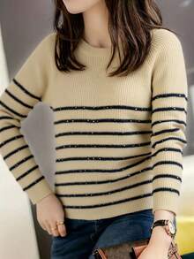 RED MARINE Suéter de Mujer de Rayas, Oversize y Versátil - Ideal para Usar como Capa Base o Prenda Exterior - Moda Femenina y Confortable - Caqui - Ver 1