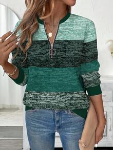 EMERY ROSE Plus Size Textured Striped Print Half-Zip Round Neck Sweatshirt For Women