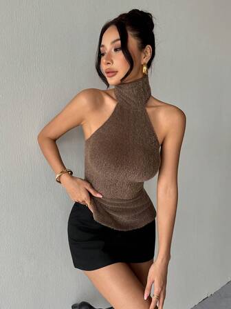 Almamuse Women's Fuzzy Warm Turtleneck Sleeveless Tank Top, Vintage Sexy Backless Crop Top, Versatile For Holidays