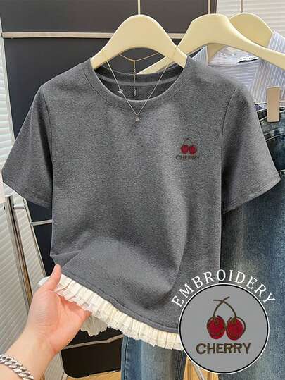 Resyla Plus Size Women's Letter & Cherry Embroidery Round Neck Short Sleeve Casual Versatile T-Shirt