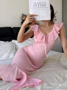 Dream Adore Đầm ngủ nữ ôm sát cổ chữ V, xếp ly, phối bèo, dáng đuôi cá, màu hồng, đầm hồng không tay, đầm hồng dài ngang gối, đầm hồng nữ. - Màu Hồng baby - Xem 3
