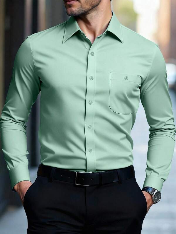 Manfinity Bizformal Herren Businesshemden, einfarbig, langärmelig, dehnbar, knitterarm, formelle Hemden, Business-Casual Hemden mit Knopfleiste
