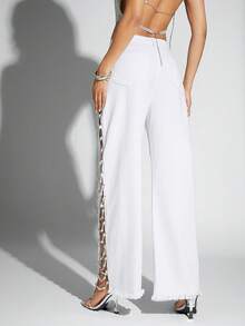 Denimoi Calça Branca Larga Feminina, Denim da Moda com Abertura Vazada na Perna, Bolsos Decorados com Strass, Roupas Femininas de Outono, Looks de Outono. Para Uso Diário, Sair, Concertos, Festivais - Branco - Visão 5