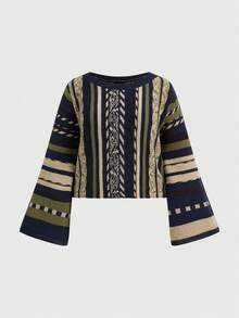 ROMWE Plus Size Hippie Bohemian Vertical Striped Pullover Sweater - Blue - View 1