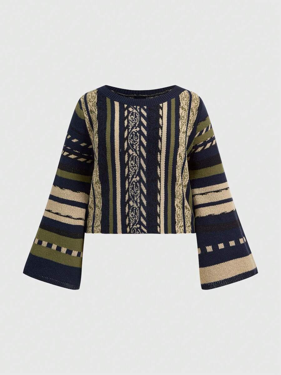ROMWE Plus Size Hippie Bohemian Vertical Striped Pullover Sweater - Blue - View 1