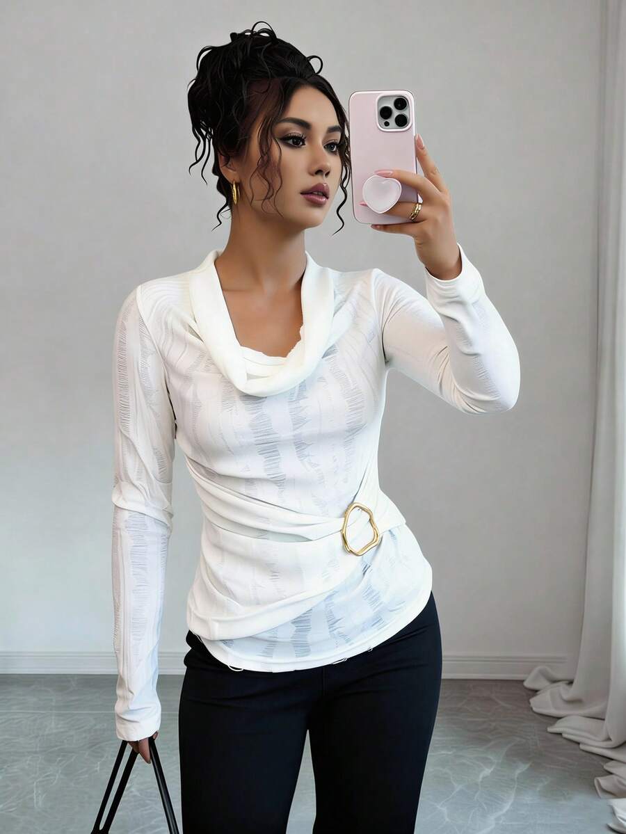 Rafferiza T-shirt slim à col bénitier déchiré de couleur unie automne, Top à col bénitier blanc à manches longues, top blanc élégant, top blanc texturé, top blanc à manches longues, hauts blancs pour femmes, hauts à manches longues blancs pour femmes, top blanc sexy col roulé