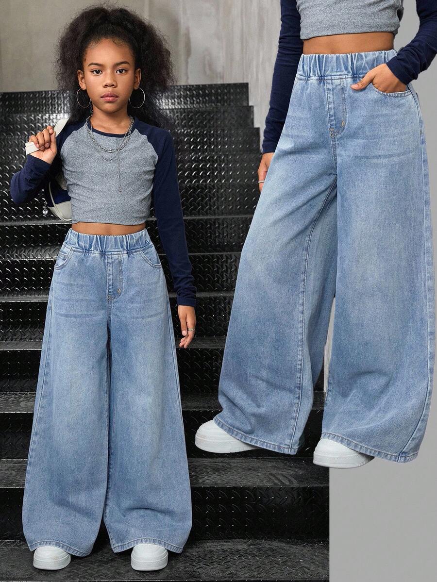 SHEIN Celana Jeans Anak Perempuan Remaja dengan Pinggang Elastis, Saku, Kasual, Serbaguna, dan Potongan Lebar untuk Bepergian - Light Wash - View 1