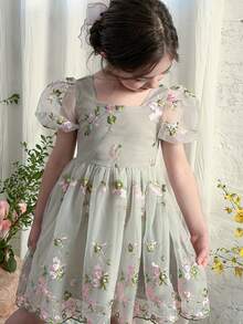 SHEIN LMoss Kids 女童方领泡泡袖刺绣网纱连衣裙 - 彩色 - 查看 2