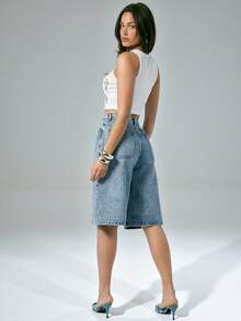 Denimoi Quần short denim lửng đính đá lấp lánh, kiểu dáng mùa hè, trang phục mùa hè cho nữ, quần short dự tiệc, quần short denim thời trang, quần short denim. - Rửa nhẹ - Xem 5