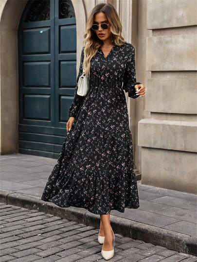 EMERY ROSE V领印花休闲百搭长袖连衣裙女装