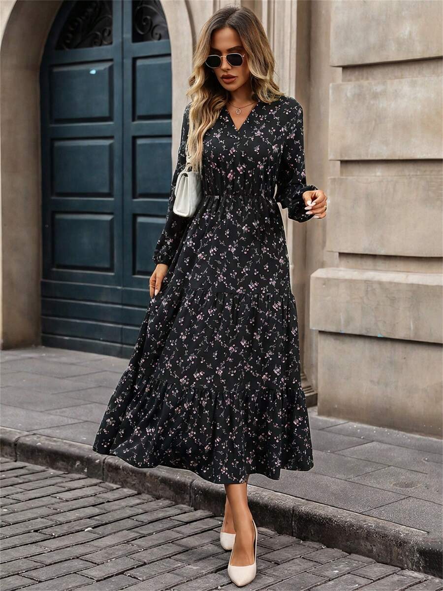 EMERY ROSE Đầm Maxi Tay Dài Cổ Chữ V Họa Tiết Hoa Thường Ngày Đa Năng Cho Nữ - màu đen - Xem 1