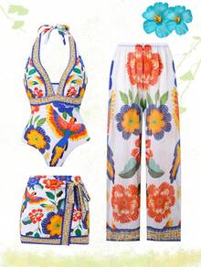 Swim Oasis 大码连体泳衣，复古印花高端系列女士三件套泳衣 - 彩色 - 查看 1