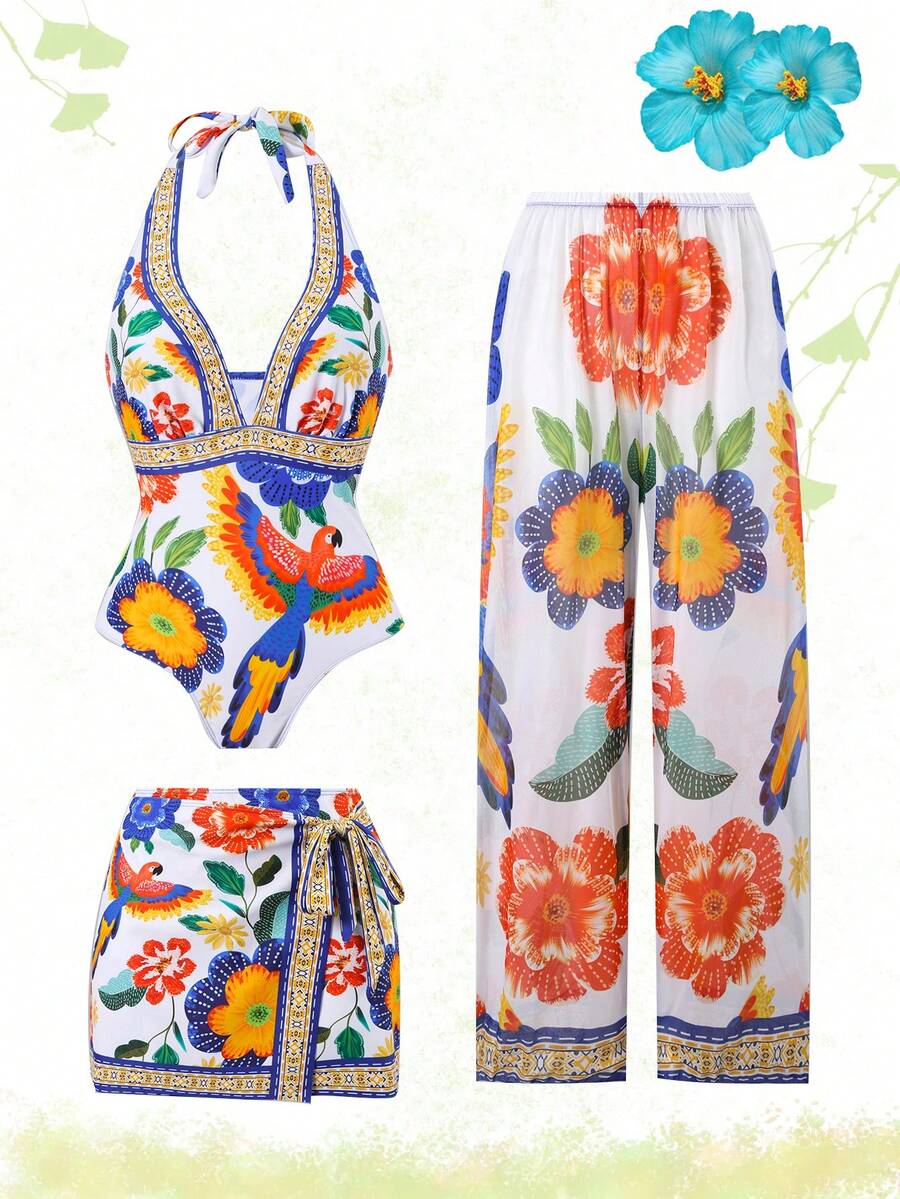 Swim Oasis 大码连体泳衣，复古印花高端系列女士三件套泳衣 - 彩色 - 查看 1