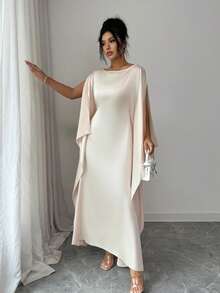 SHEIN Elenzya Vestido largo de color albaricoque elegante para mujer, de unicolor minimalista, para uso diario brillante - Albaricoque - Ver 5