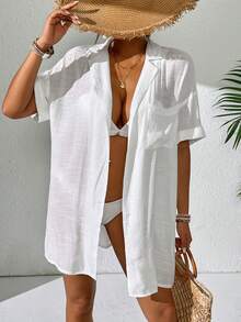 SHEIN Swim Women Simple Solid Color Short Sleeve Kimono Cover Up,Summer Beach Beach Outfit For Womenbeach Cover Up Womenlong Shirtbeach Shirt - White - View 1