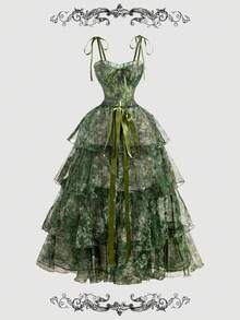 SHEIN MOD 复古油画全身花卉印花华丽二合一连衣裙，可拆卸多条裙子 - 宫廷风格、生日礼服、巡航礼服、堆叠礼服、花裙、绿色礼服、海滩度假装、夏装、茶会礼服、女士度假装、飘逸礼服、派对礼服、波西米亚服装、万圣节