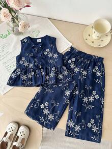 SHEIN Bộ 2 món cho bé gái, áo không tay và quần jacquard thêu hoa thời trang, thích hợp cho mùa xuân/hè, ở nhà, ngoài trời, đi nghỉ mát, dự tiệc và mặc hàng ngày. - Nhiều màu - Xem 5