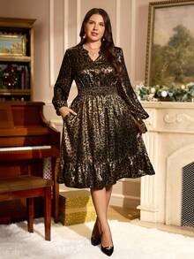 EMERY ROSE Robe élégante à imprimé léopard froncée et scintillante pour femmes grande taille, robe de fête du Nouvel An noire et dorée pour l'automne et l'hiver, vêtements d'automne confortables pour femmes - Multicolore - Voir 5