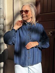 Livesso 女士休闲日常通勤荷叶边灯笼袖宽松牛仔衬衫，春秋季长袖