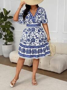 Breezaya Plus Size Women's Fashionable All-Over Print V-Neck Dress - Multicolor - View 3