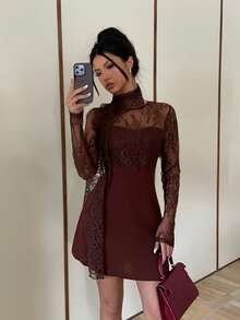 Siren Gaze 女士优雅高端迷人蕾丝拼接长袖收腰短款连衣裙，新年派对礼服 - 棕色 - 查看 7