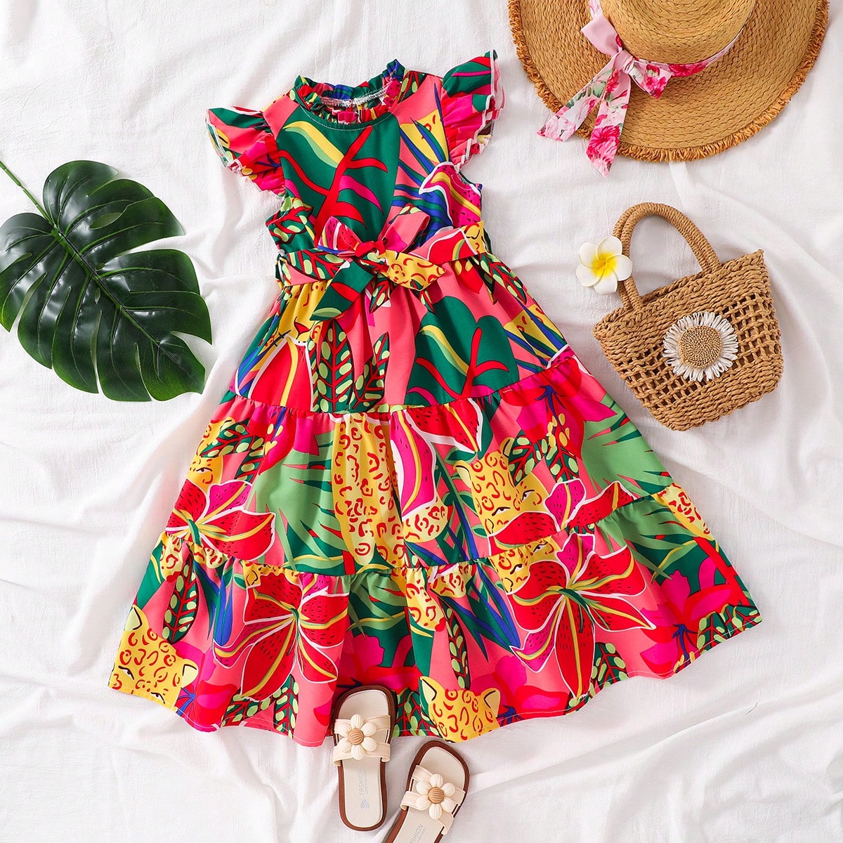 Vestido de niña con estampado de flores, cinturón y mangas con volantes