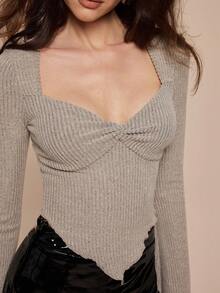 Olia Maree Olia Maree 女士秋冬喇叭袖方领扭结下摆罗纹纹理面料短款露脐长袖T恤 - 杏色 - 查看 8