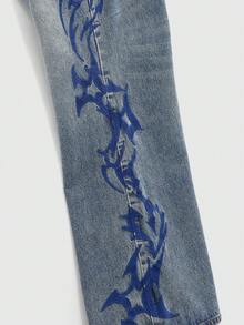 ROMWE MEN Street Life Men's Metal Button Embroidered Layered Flare Leg Jeans - Blue - View 4