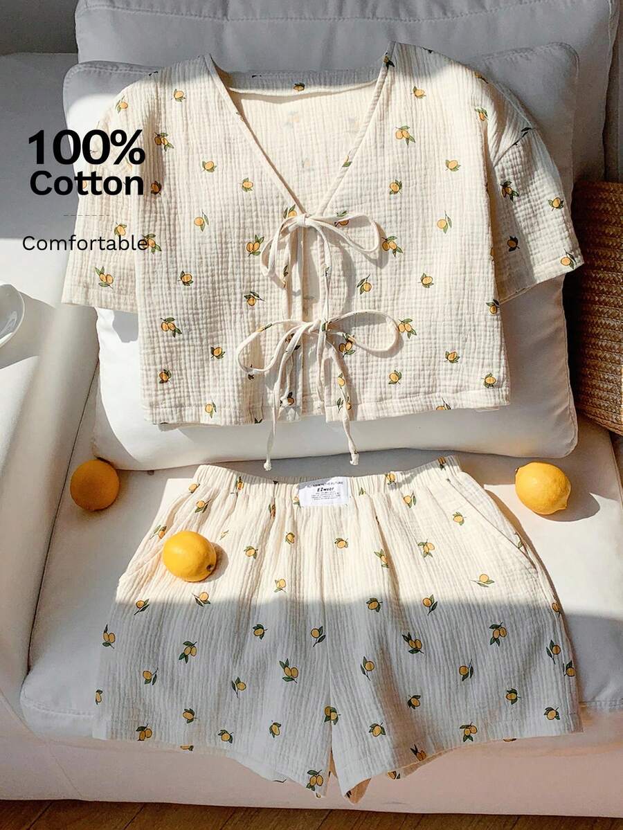 Comfortcana 两件套女士全印花V领扭结前襟短袖上衣和松紧腰短裤套装 - 米色 - 查看 1