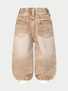 SHEIN Playful Pals Baby Girl All-Match Minimalist Versatile Distressed Washed Straight Leg Jeans Baby Boy Babygirl Jeans Baby Ripped Jeans Toddler Baggy Jeans - Khaki - View 3