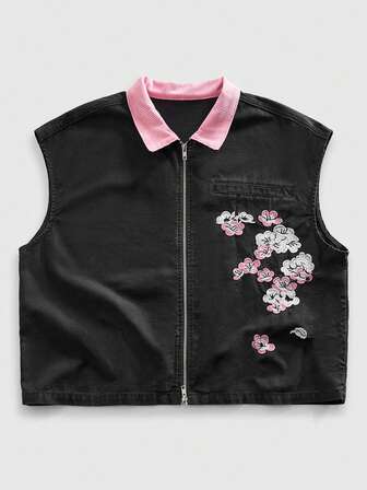 Street Life Men's Contrast Color Patchwork Collar Sleeveless Zip-Up Denim Jacket, Fashionable & Versatile